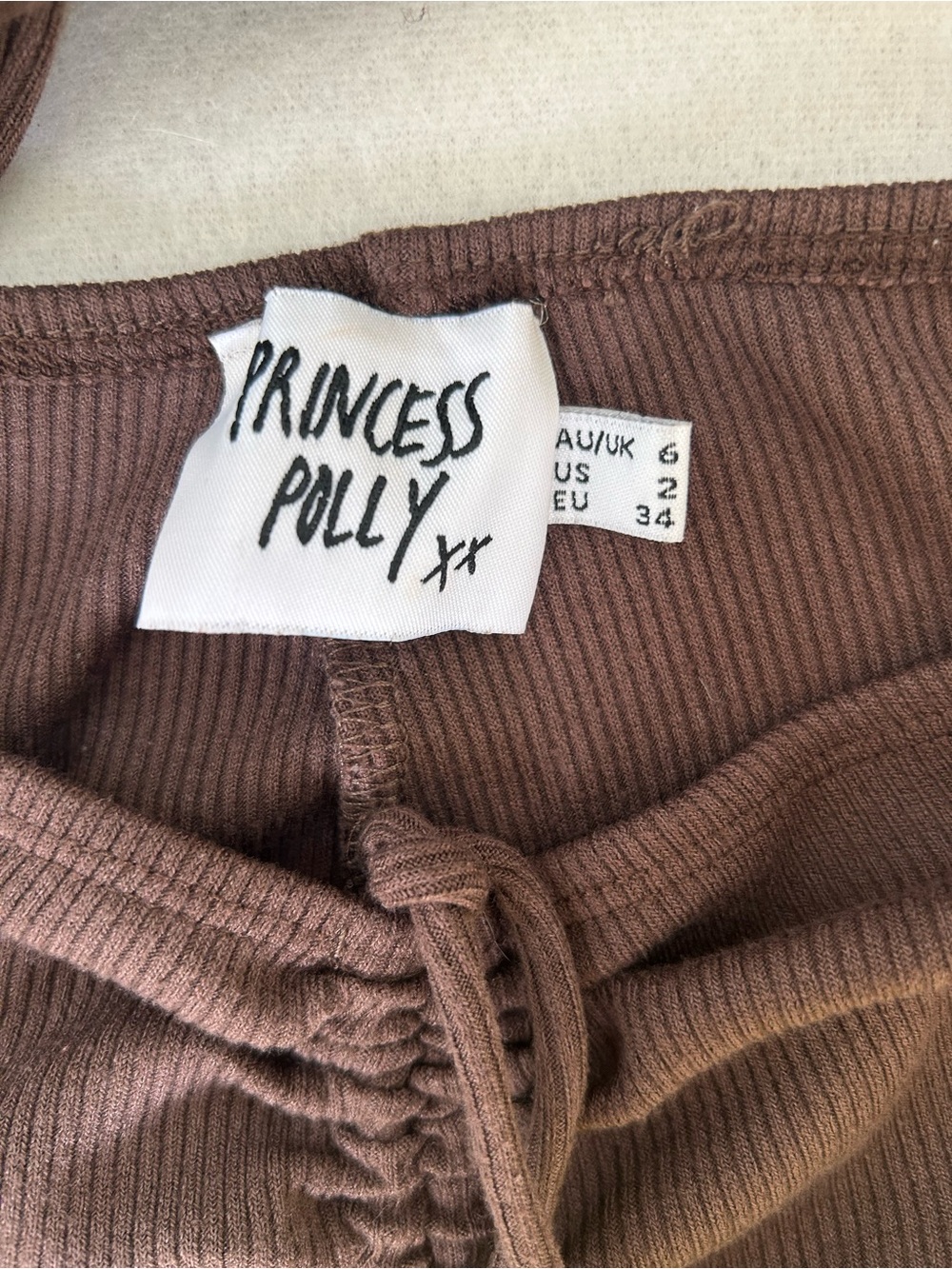 Princess Polly Brown Ribbed Ruched Tie Front Flare Pants Size 2 - Picture 4 of 4